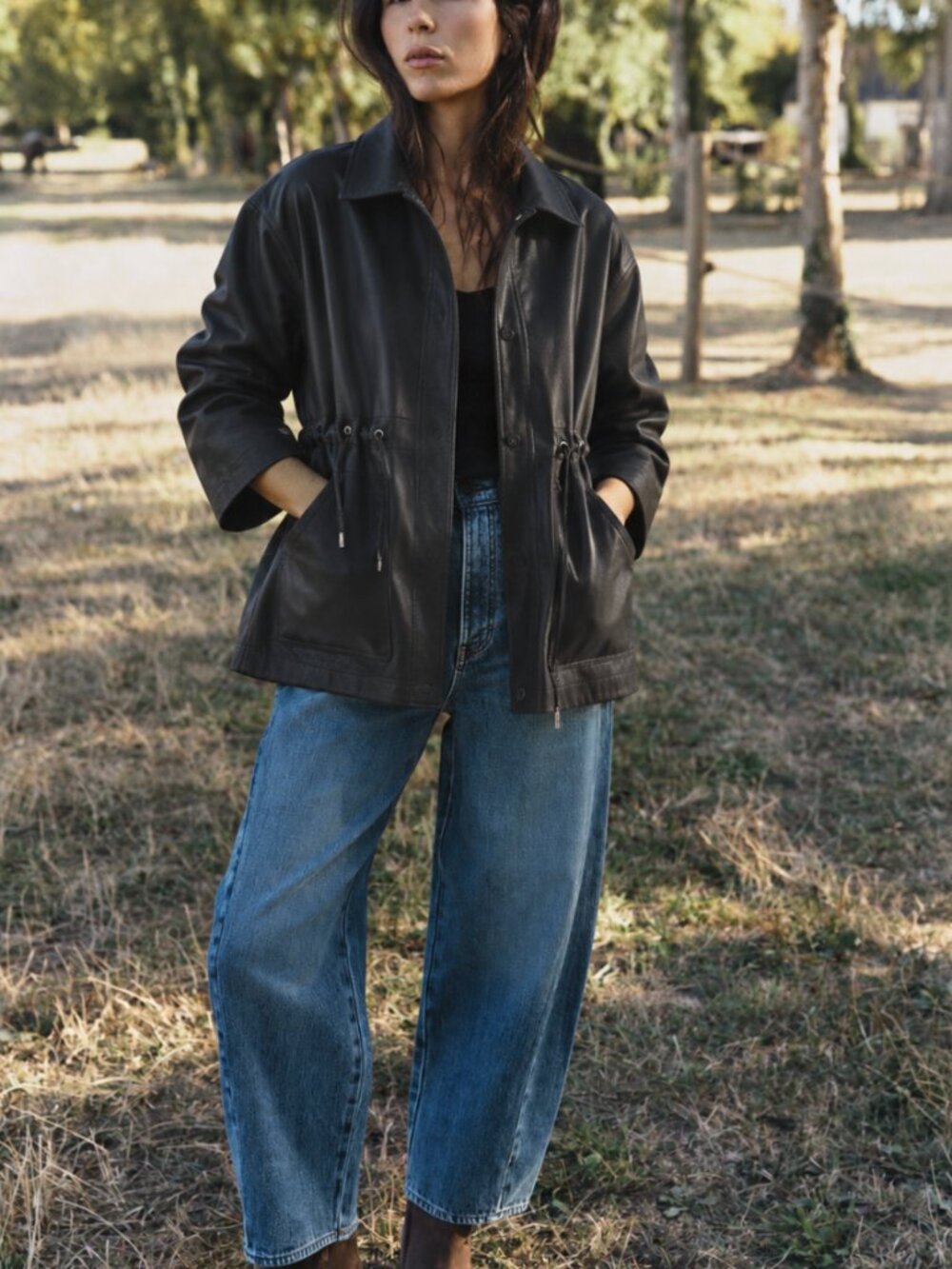 Classic Black Vegan Leather Jacket Oversized Drawstring Waist Utility Jacket